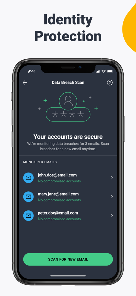 AVG Mobile Security app interface showing identity protection and email breach monitoring status.