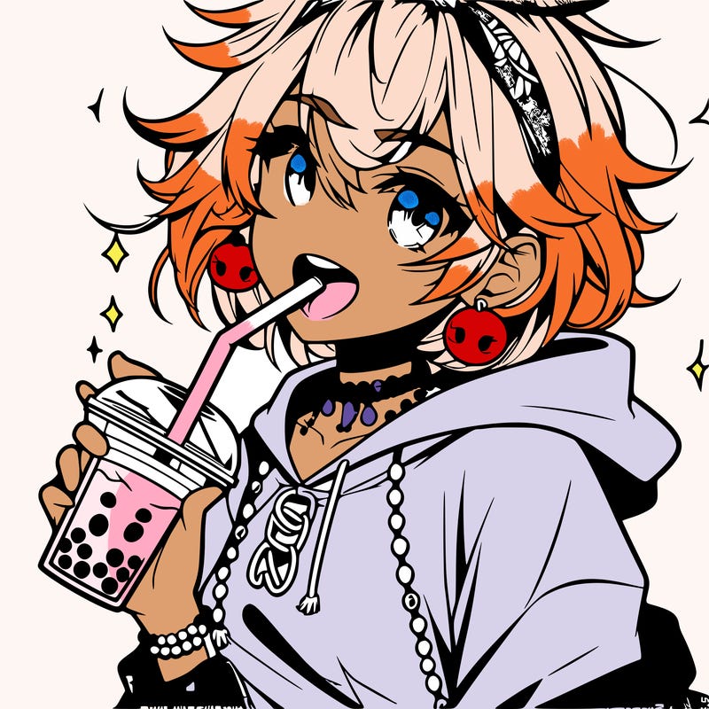 hot baddie anime girl drinking boba and biting the straw