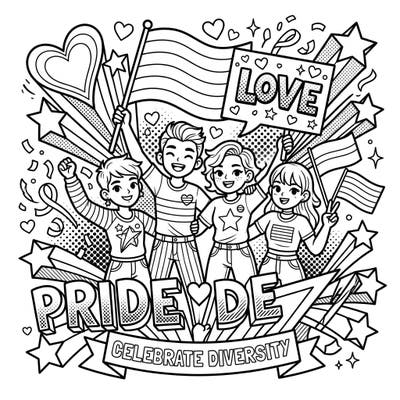Dive into a vibrant Pop Art celebration of Pride Month with this dynamic coloring page featuring diverse individuals and iconic symbols of love. Express your creativity and honor diversity with every splash of color on this joyful design.