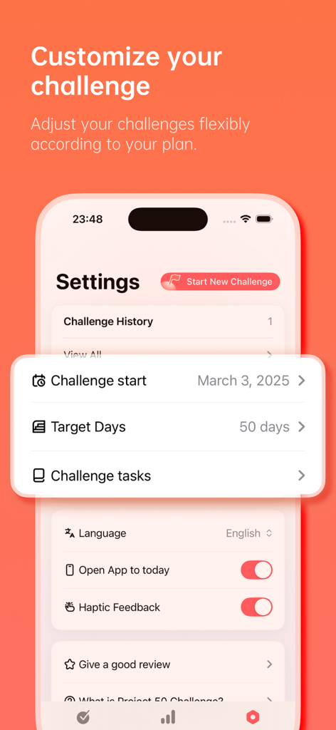 The 50 Day-Project 50 check-in - Project 50 app settings page showing challenge customization options