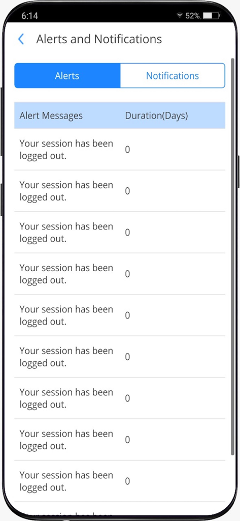 Alerts and notifications screen in the HDFC Bank Corp Mobile banking app showing a list of session logout messages
