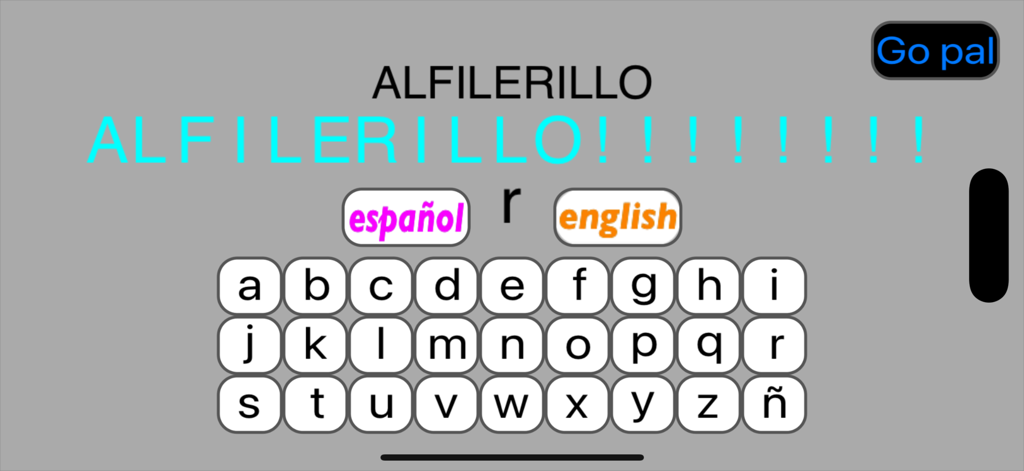 Interface of the Letra word game showing a keyboard and word guessing screen with Spanish and English options