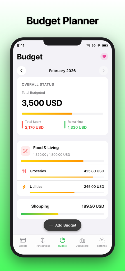 Money Manager: Budget Planner! - Money Manager app displaying monthly budget tracking with category spending and remaining balance.