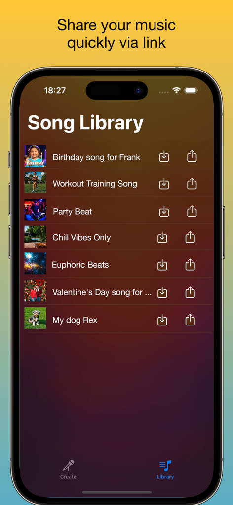 Captura de pantalla de la Biblioteca de Canciones de la aplicación djAI que muestra una lista de canciones generadas por IA con opciones para compartir y descargar
