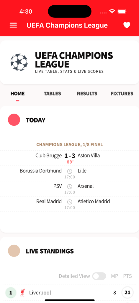 Roja Directa TV app interface showing UEFA Champions League live scores and standings