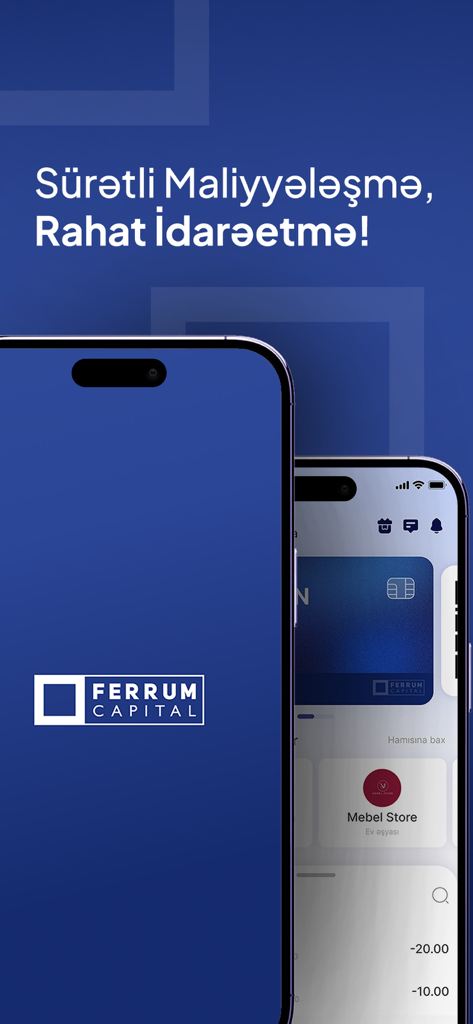 Ferrum Capital mobile app interface on an iPhone showing financial management features and transaction history.