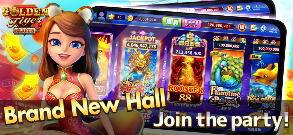 Golden Tiger Slots - Slot Game - Banner publicitario de Golden Tiger Slots que muestra a un personaje femenino como mascota y varias máquinas tragamonedas temáticas como Rooster 88 y Ocean King 2