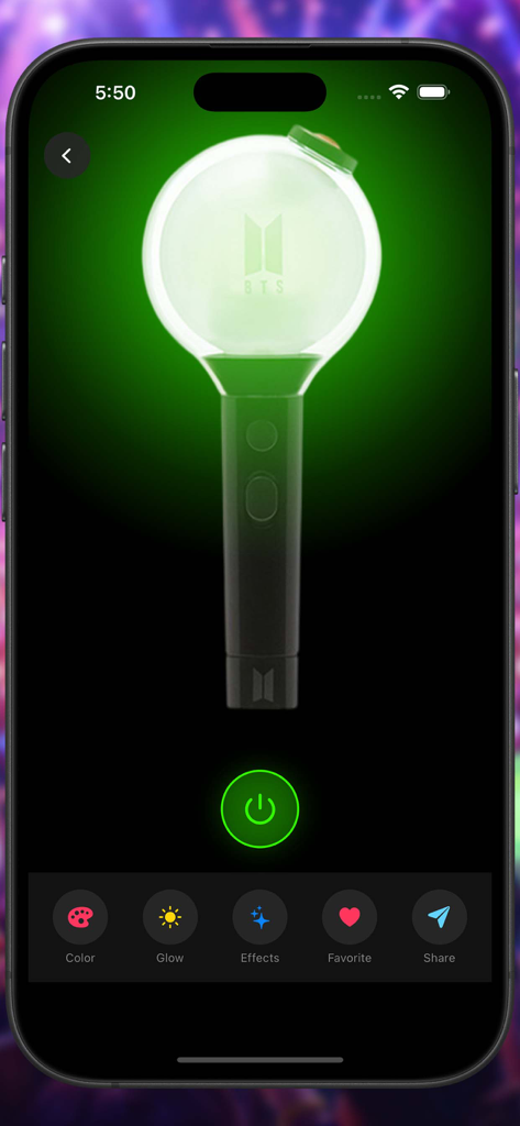Idol Light Stick Kpop Creator - Ein grüner leuchtender virtueller BTS-Leuchtstab in der App-Oberfläche