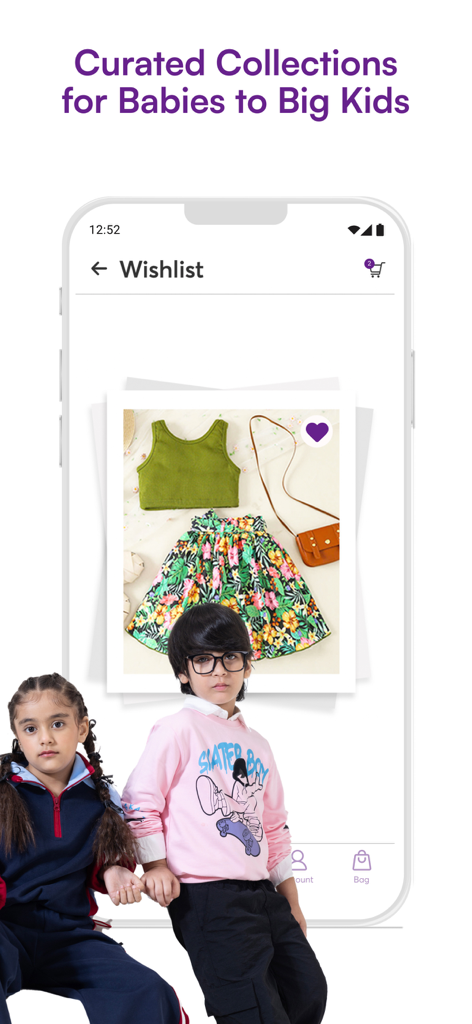 Hopscotch – Kids Fashion Brand - Una captura de pantalla de la aplicación Hopscotch que muestra colecciones de ropa seleccionadas para bebés y niños dentro de una vista de lista de deseos.