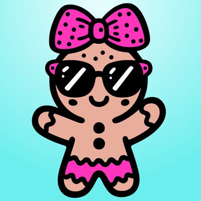 cute female gingerbread man with sunglasses on top of her head like a headband