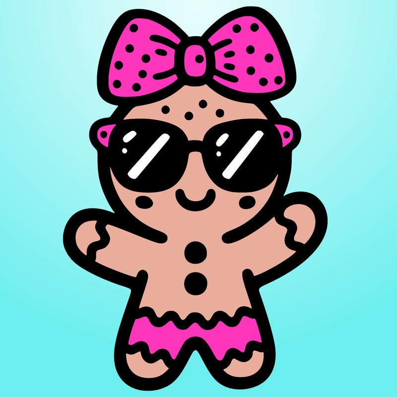 cute female gingerbread man with sunglasses on top of her head like a headband