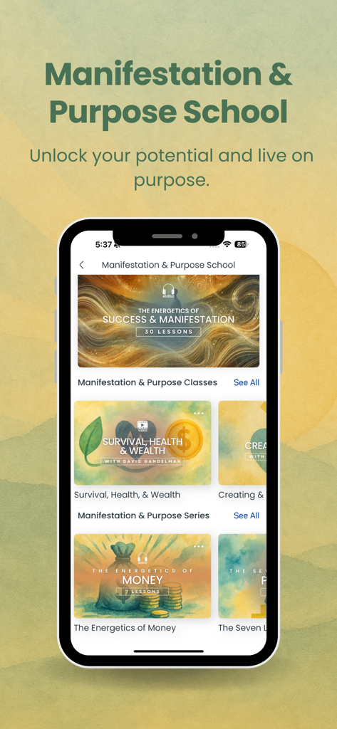 Écran d'application mobile montrant les cours de Manifestation et de But pour le succès spirituel et la richesse.