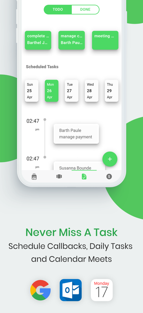 GoDial - Auto Call Dialer CRM - GoDial mobile CRM interface showing task management and calendar scheduling for sales professionals