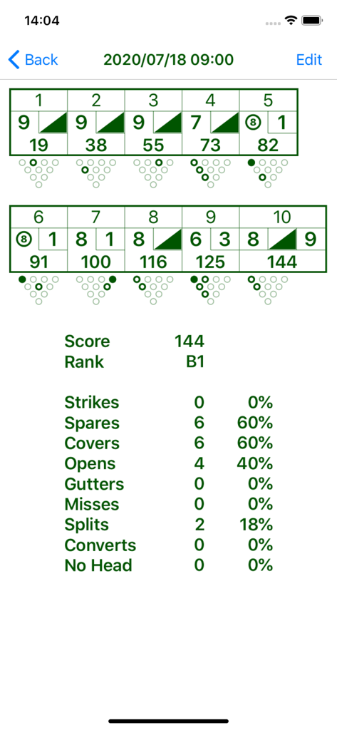 Capture d'écran de l'application BNOTE montrant une carte de score de bowling détaillée avec des diagrammes de quilles et des statistiques de performance telles que les strikes et les spares.