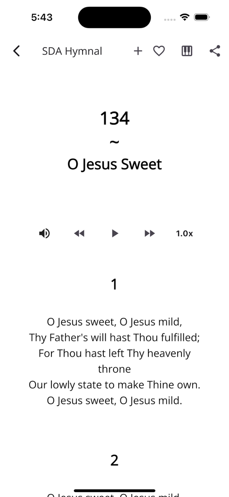 Hymnal Adventist - Hymnal Adventist app interface displaying lyrics and audio controls for the hymn O Jesus Sweet