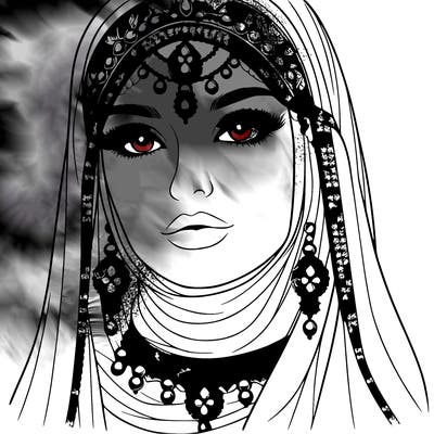 realistic woman with a veil covering her hair and mouth, muslim. the veil contains details with jewels. she has beautiful jewelry.