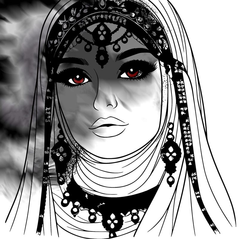 realistic woman with a veil covering her hair and mouth, muslim. the veil contains details with jewels. she has beautiful jewelry.