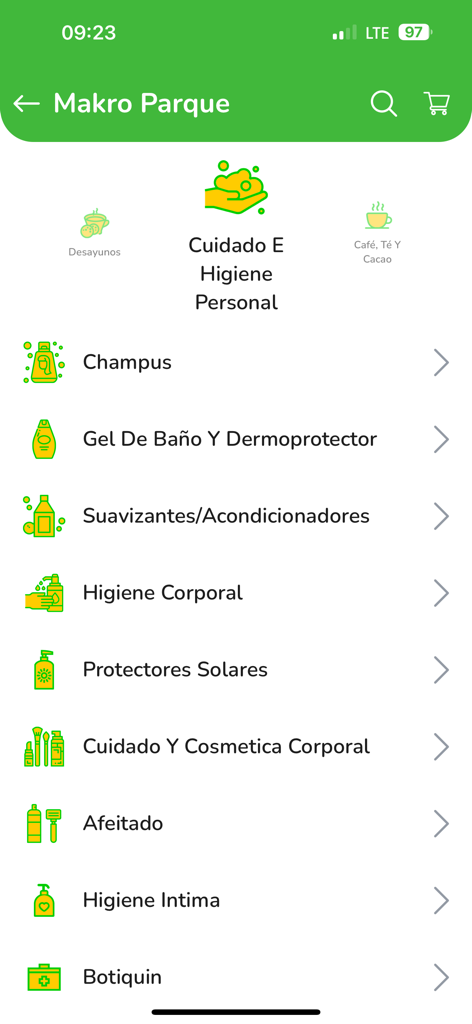 TeLoCompro - TeLoCompro app screen showing a list of personal care and hygiene categories for online shopping and delivery