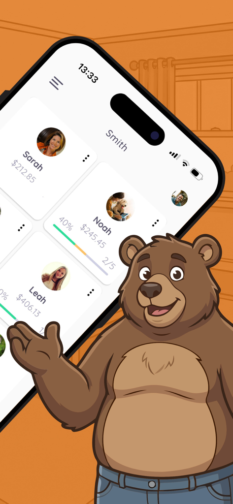 Homey - Chores and Allowance - Homey app interface showing family chore progress and allowance balances with a friendly bear mascot