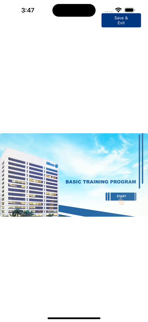 Allianz Learn - Allianz Learn app Basic Training Program start screen showing a corporate office building.