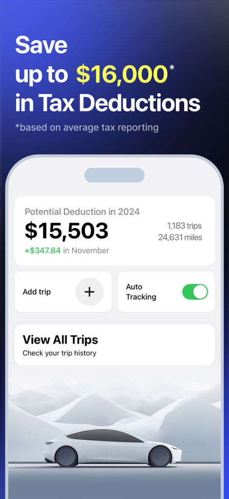 Tableau de bord de l'application MileKeeper affichant des déductions fiscales potentielles de plus de quinze mille dollars et des fonctionnalités de suivi automatique des kilomètres