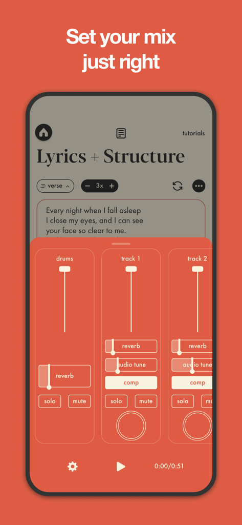 Mobile audio mixing panel with track sliders and lyrics in Demo app