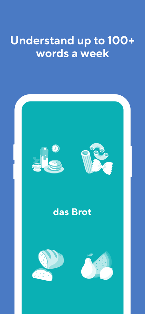 Learn German - Drops - Interfaz de la aplicación Drops mostrando la palabra alemana das Brot con ilustraciones minimalistas de comida y un encabezado sobre aprender 100 palabras por semana.