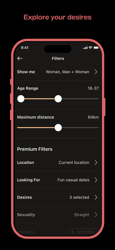 A mobile app screen displaying search filters for the Nymph dating app including age range, distance, and relationship preferences.