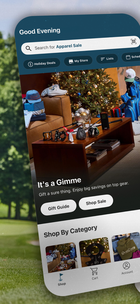 Golf Galaxy app home screen showing holiday deals, gift guide banner with golf equipment, and category shopping options.