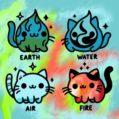 4 cats that represent the different elements, earth, water, air, and fire