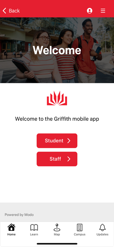 グリフィス大学モバイルアプリのウェルカムスクリーン。学生とスタッフの選択ボタンが表示されています。
