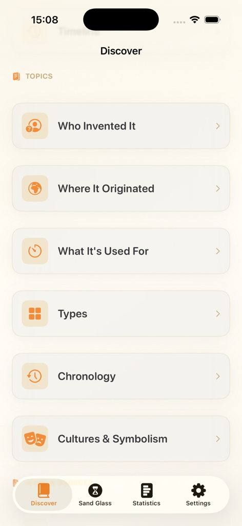 Hourglass Story - Discover screen of the Hourglass Story educational app showing various learning topics about hourglasses