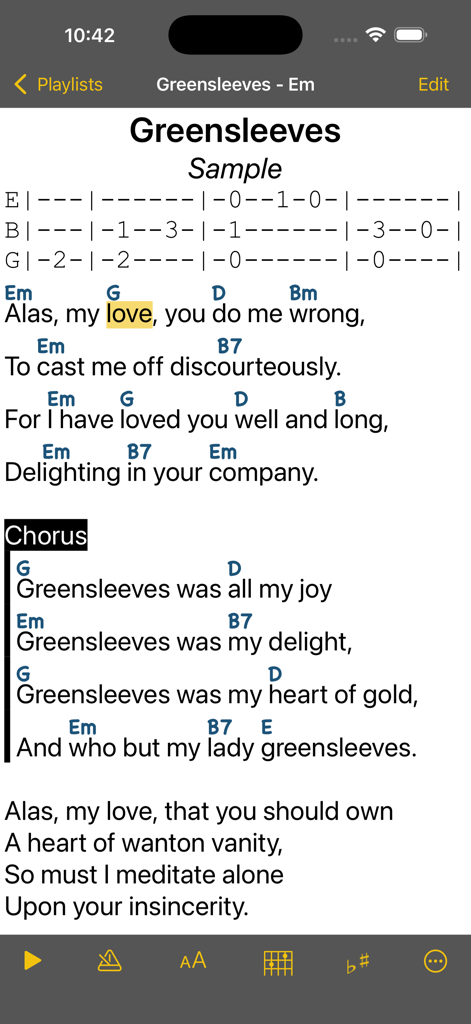 SongBook Chordpro - SongBook Chordpro app interface showing lyrics with guitar chords and tabs for the song Greensleeves