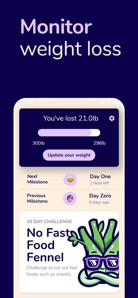 Sugarfree Quit Sugar Addiction - App screen showing weight loss tracking and sugar free milestones