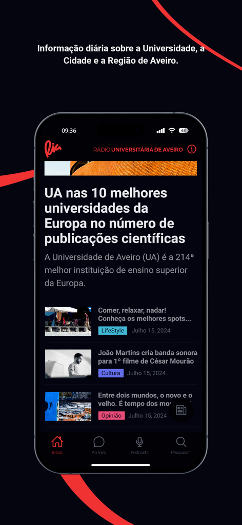 Ria - Ria mobile app home screen featuring news headlines about the University of Aveiro and local culture