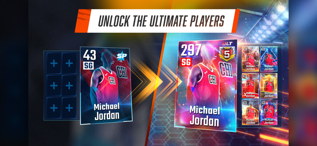 究極のマイケル・ジョーダン選手カードをアンロックするためのアップグレードプロセスを示すデジタルバスケットボールカード