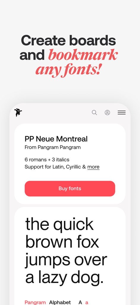 A screenshot of the Fonts Ninja app showing font details and a call to action to create boards and bookmark fonts.