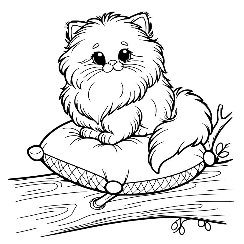 a fluffy cat sitting on a pillow in a tree