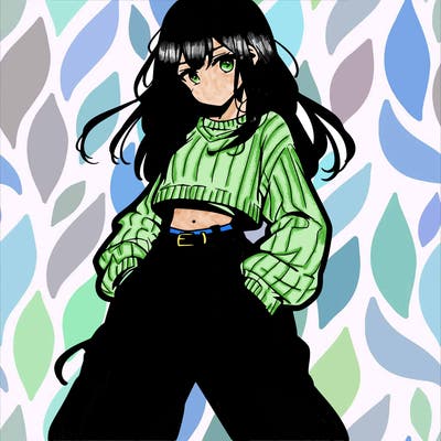 anime teen girl with baggy pants and crop top with sweater