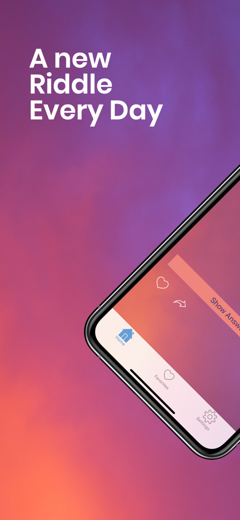 Riddles — One riddle a day - Smartphone displaying the Riddles app interface with the text A new Riddle Every Day