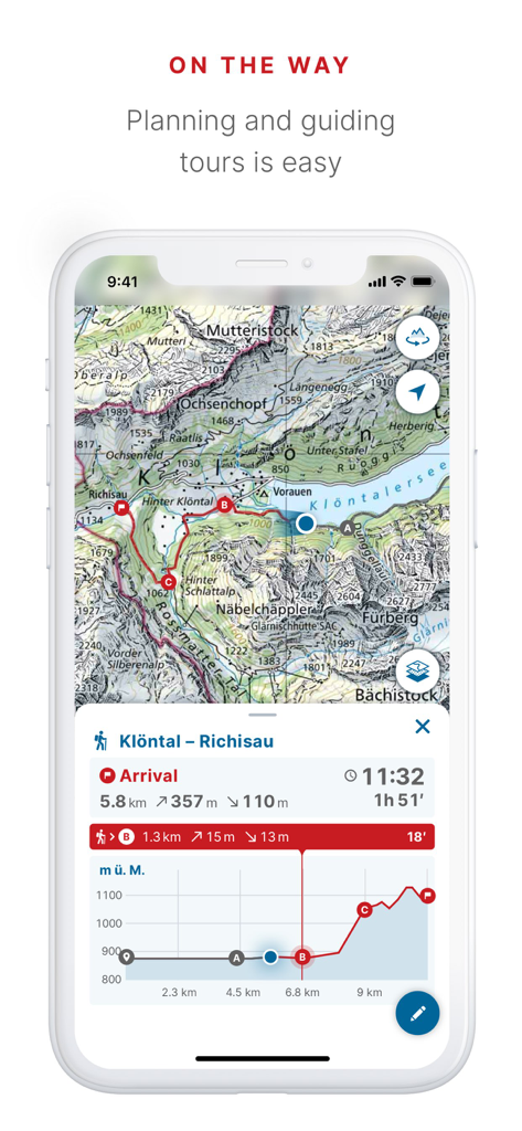 swisstopo - Interface de l'application swisstopo montrant un itinéraire de randonnée sur une carte topographique avec un profil d'élévation