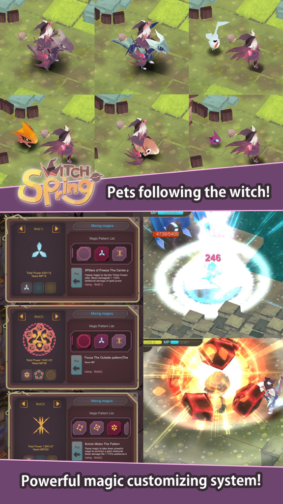 WitchSpring gameplay showing various pets following the main character and the magic pattern customization menu.
