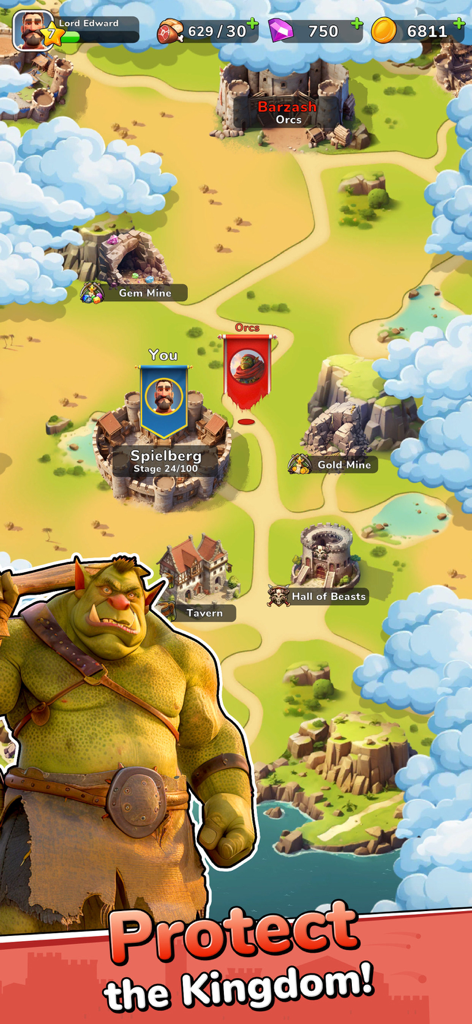 Boom Castle: Tower Defense TD - Vista general estratégica del mapa mundial de Boom Castle mostrando varias ubicaciones del reino y un enemigo orco