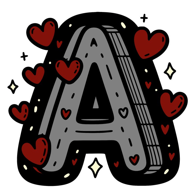 letter a with hearts