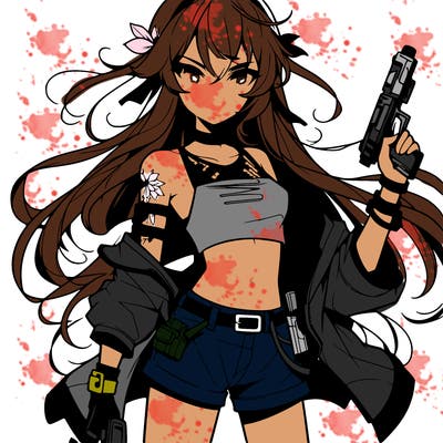 bad girl wearing crop top holding a gun long hair anime
