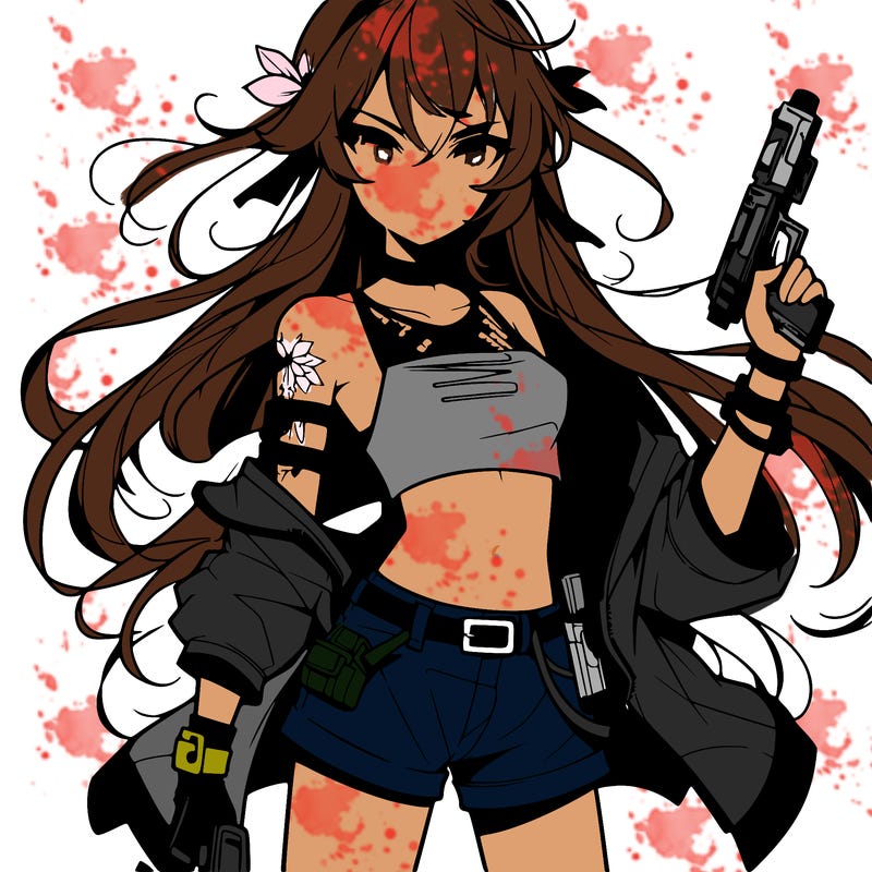 bad girl wearing crop top holding a gun long hair anime