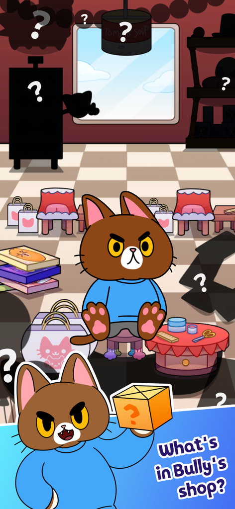 Simba Clicker - Um gato marrom mal-humorado chamado Bully em sua loja de brinquedos com itens misteriosos no jogo Simba Clicker