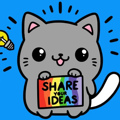 a cute cat saying share your ideas