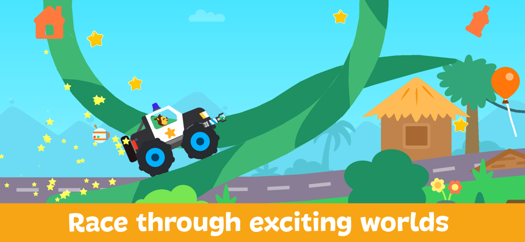 A police monster truck driving through a colorful tropical world on a green loop track