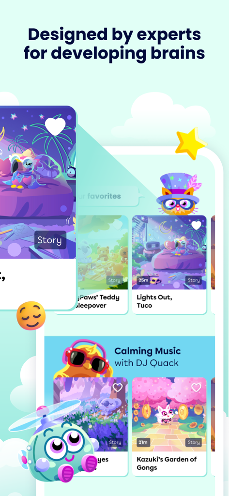 Moshi Kids: Sleep, Relax, Play - Interface de l'application Moshi Kids affichant diverses histoires du coucher et de la musique apaisante pour enfants avec des personnages de dessins animés colorés et un titre indiquant qu'elle est conçue par des experts pour les cerveaux en développement.